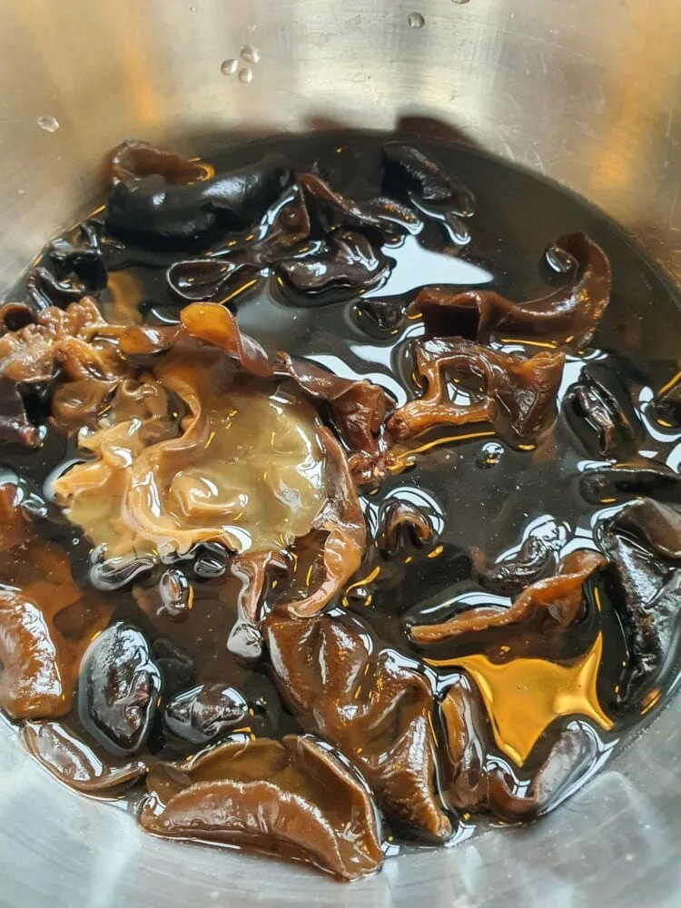 Champignons réhydratés trempés dans un bol d'eau