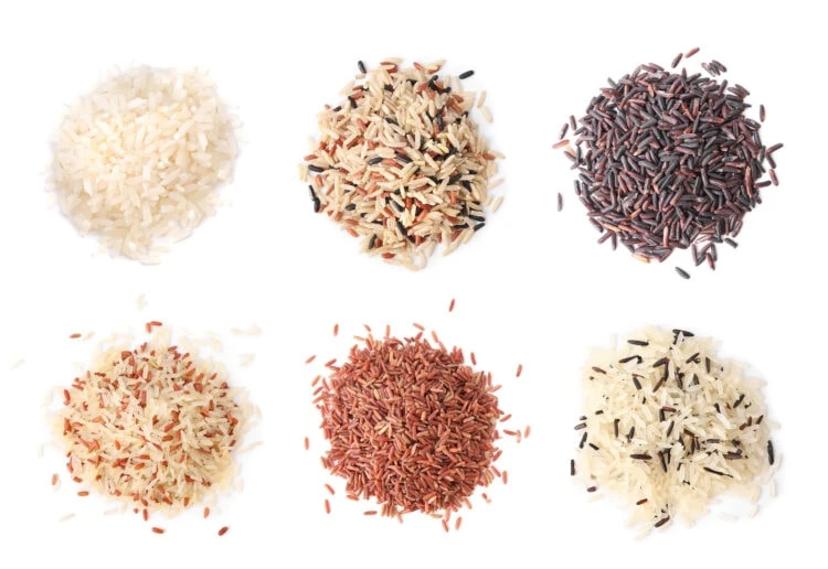 6 différents types de riz sur fond blanc