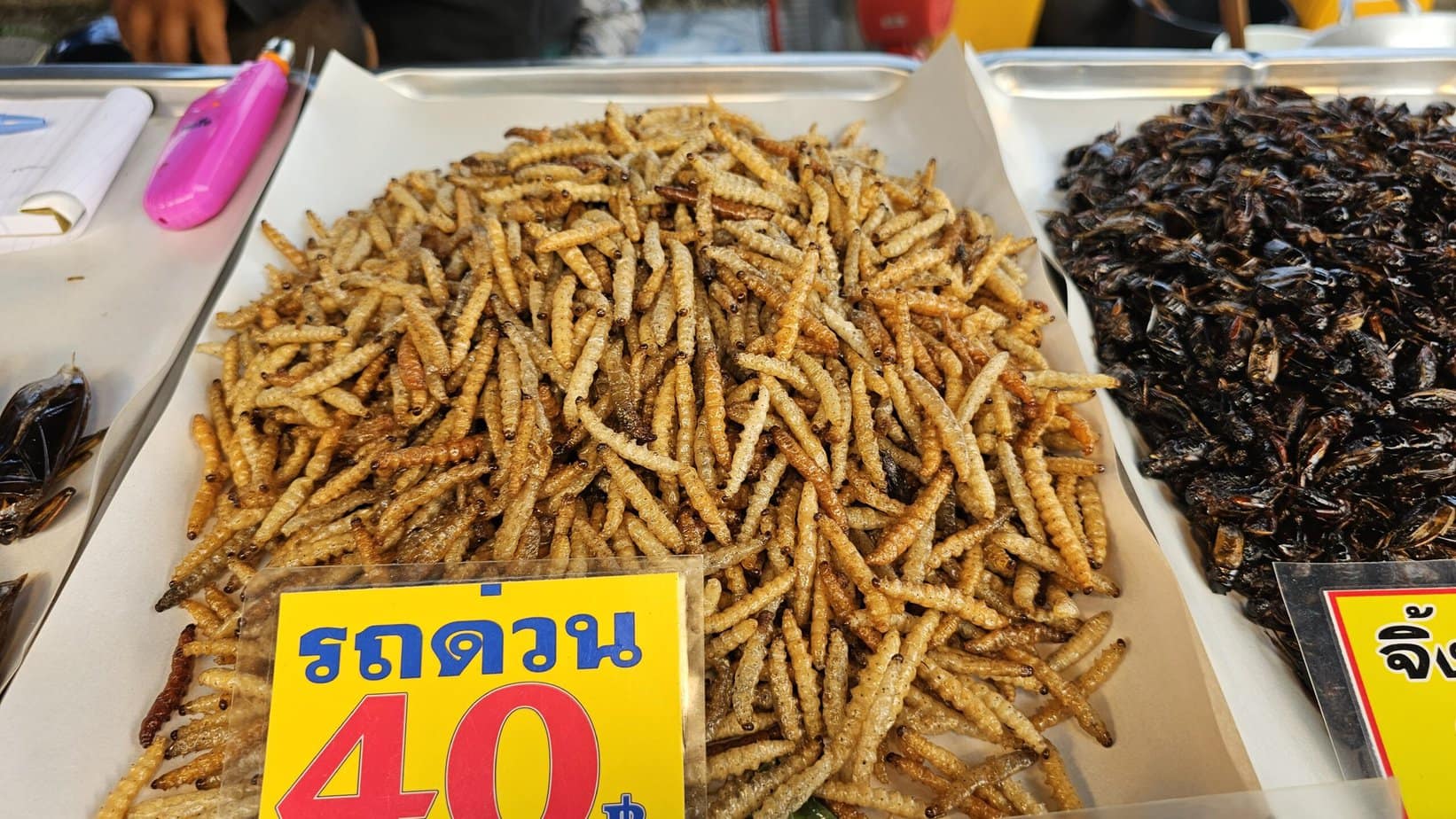 vers de bambou thaï sur un étal de marché nocturne à Phuket