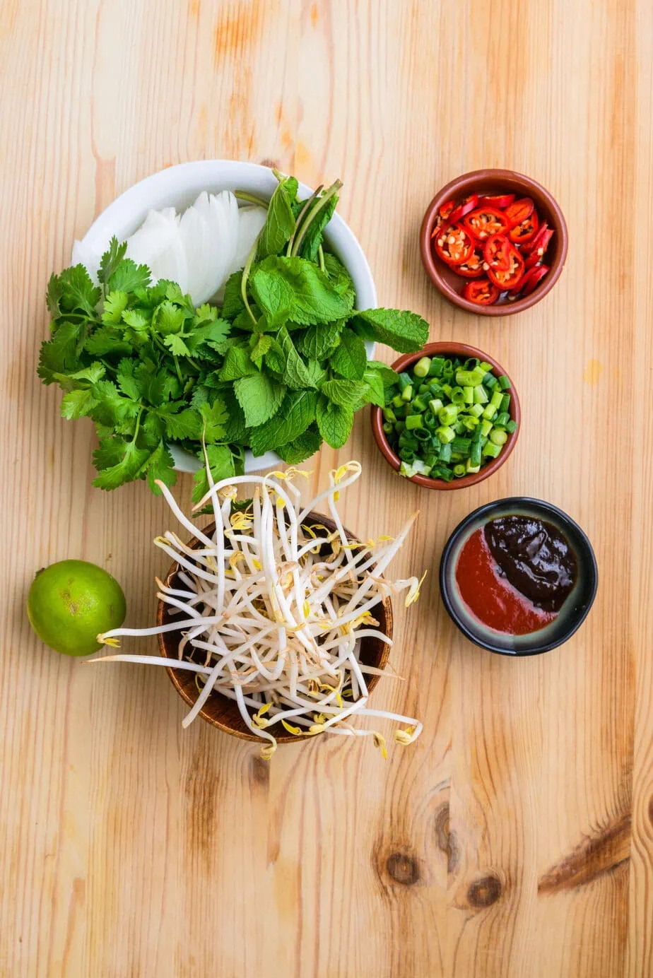 garniture pour soupe de boeuf vietnamienne sur fond de bois