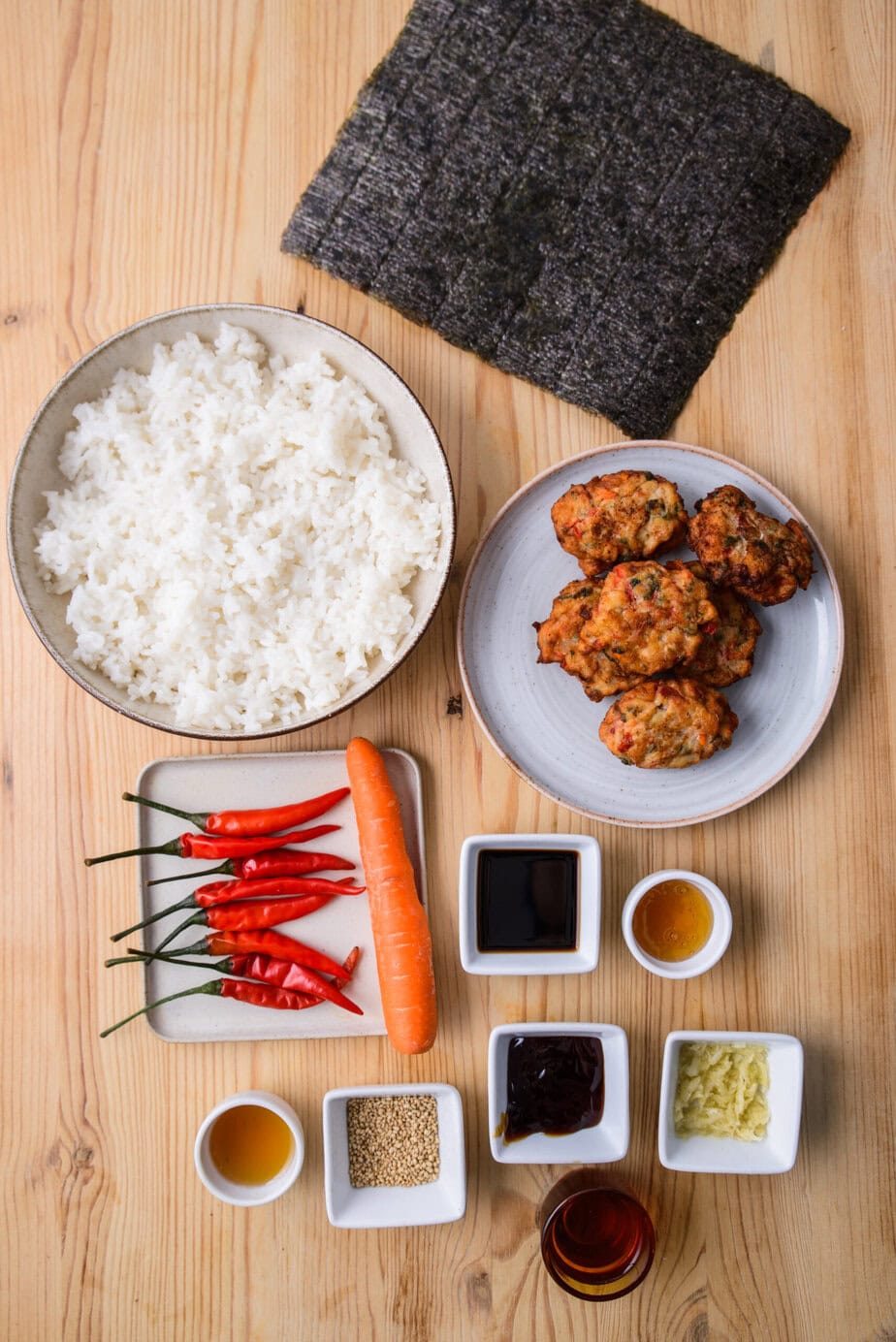 Gochu Kimbap Ingredients on a Wooden Background