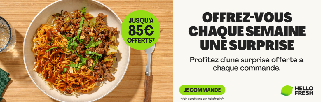 Bol de nouilles avec légumes et viande, offre HelloFresh jusqu’à 85€ offerts, bouton "Je commande".