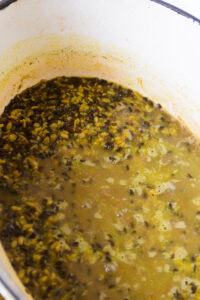 dal bhat - Ajouter un peu d’eau si nécessaire pour obtenir une consistance de soupe, puis laisser mijoter 5 minutes supplémentaires.