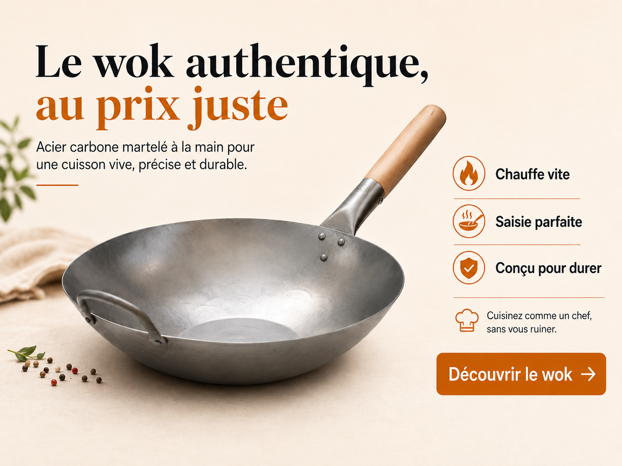 Wok de acero al carbono martillado, con mango de madera, para un calentamiento rápido, un sellado perfecto y gran durabilidad.