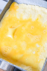 Khao Kluk Kapi - Garnitures: Battre des œufs, cuire en fine omelette, rouler et couper en fines lanières.