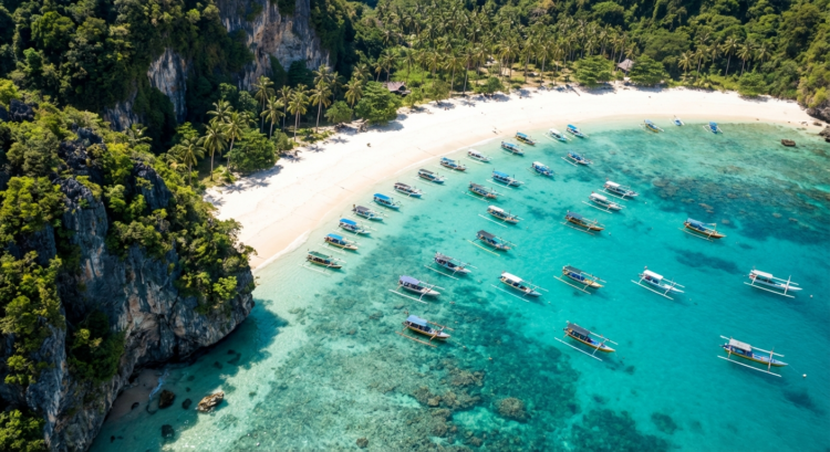Plage tropicale avec palmiers, falaises et de nombreux bateaux sur une eau turquoise vue du ciel.