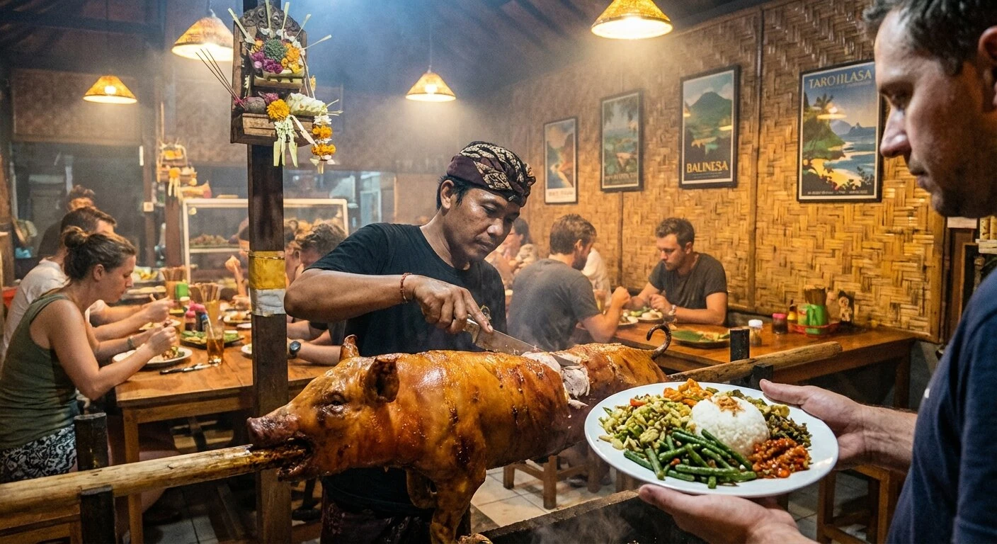 Babi guling cochon de lait rôti dans un warung balinais