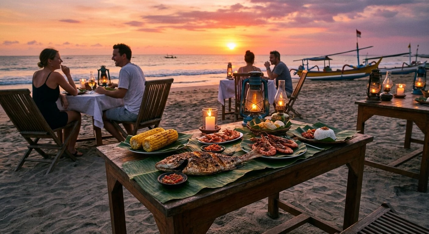 Dîner fruits de mer sur la plage de Jimbaran au coucher du soleil
