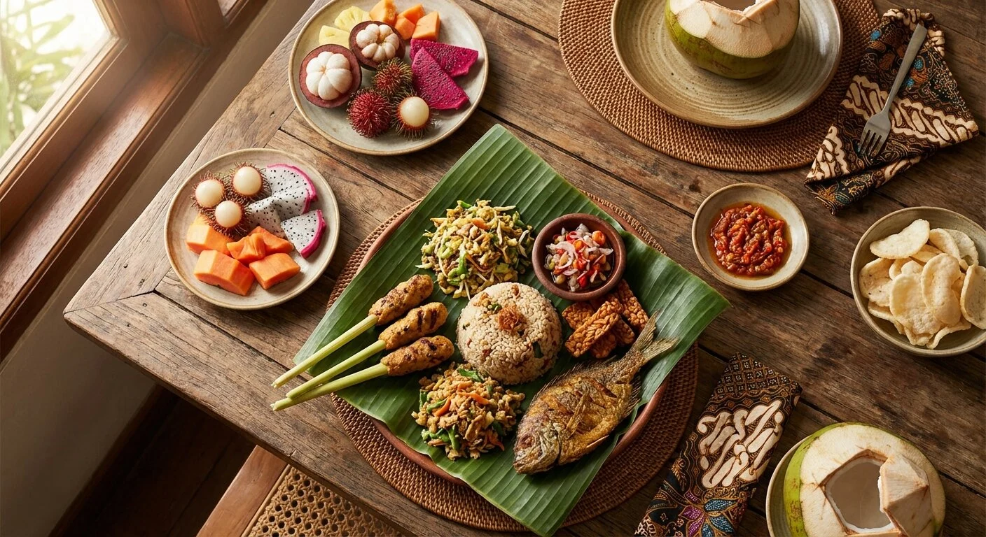 Repas balinais traditionnel nasi campur et sate lilit