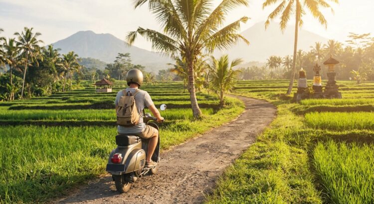 Personne en scooter sur un chemin rural entouré de rizières et de palmiers, montagnes en arrière-plan.