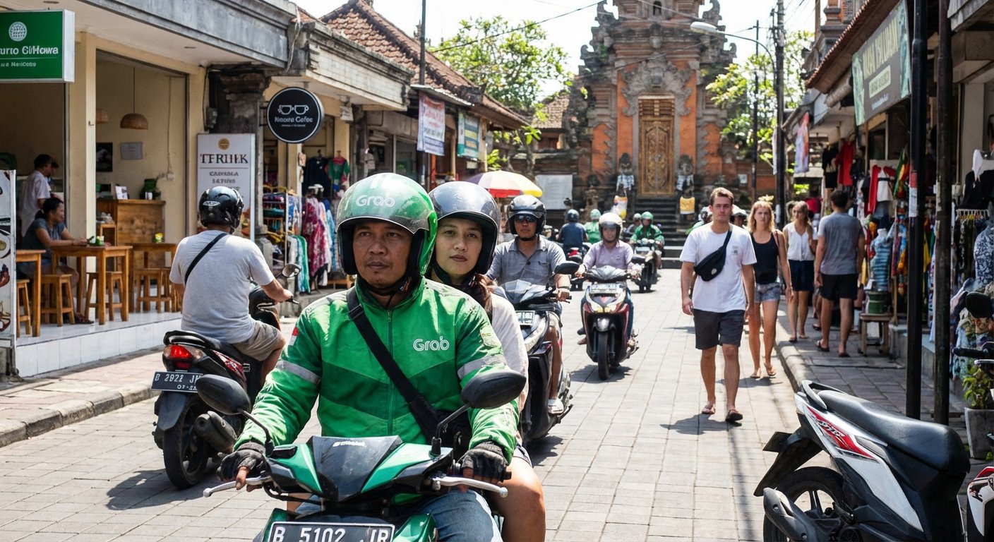 Moto-taxi Grab dans une rue de Bali