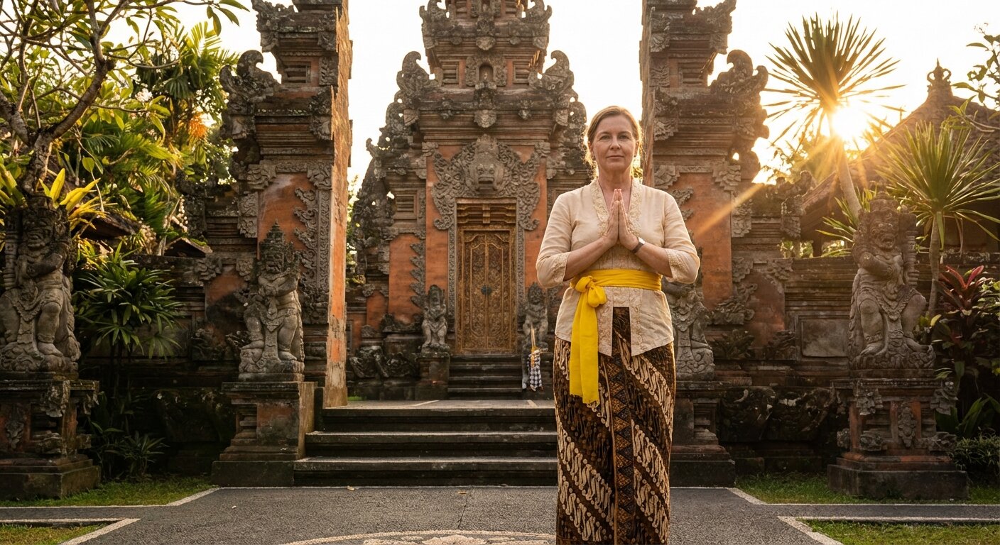 Touriste portant un sarong pour visiter un temple balinais