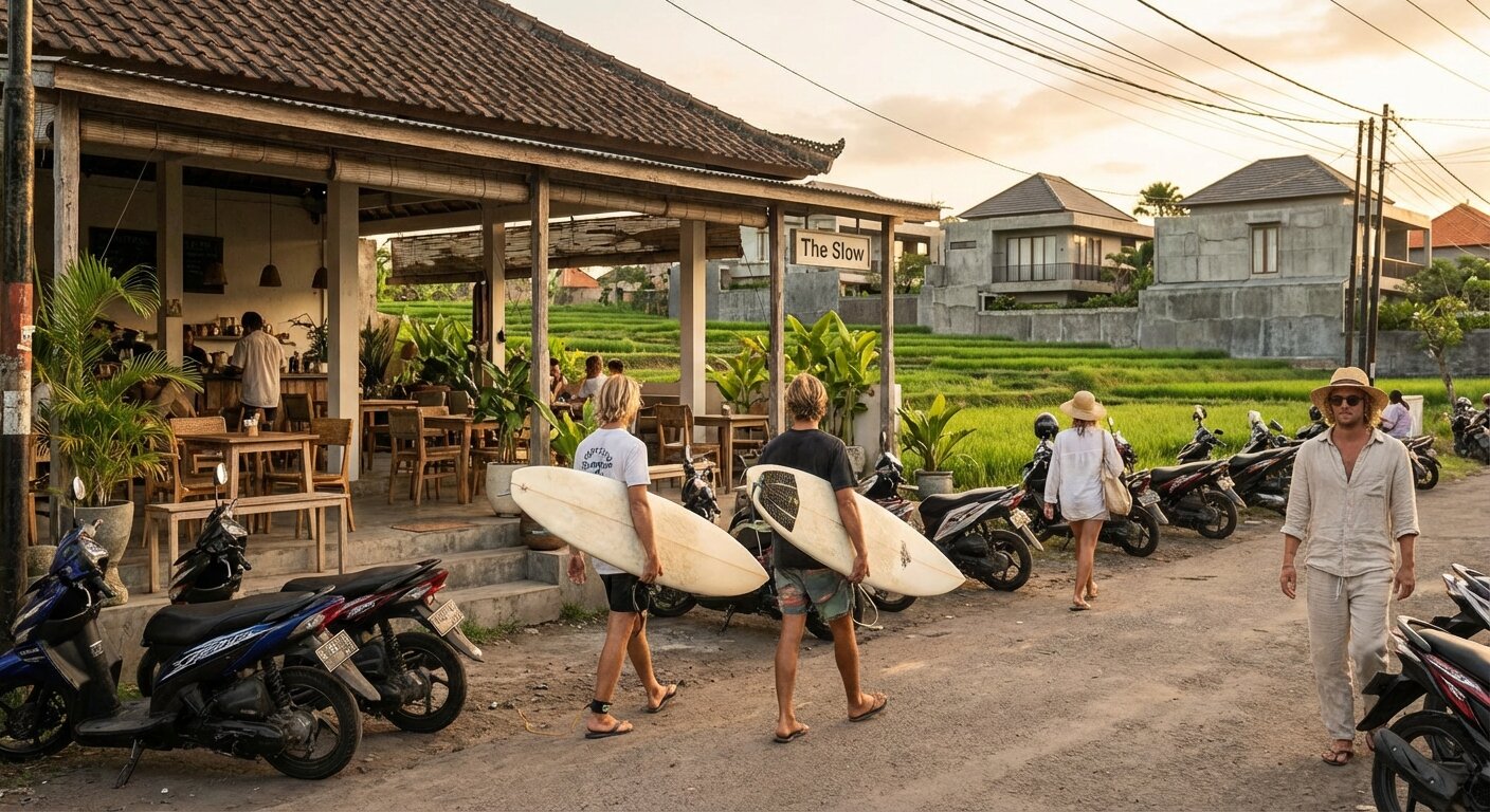 Scene de surf et cafe a Canggu Bali