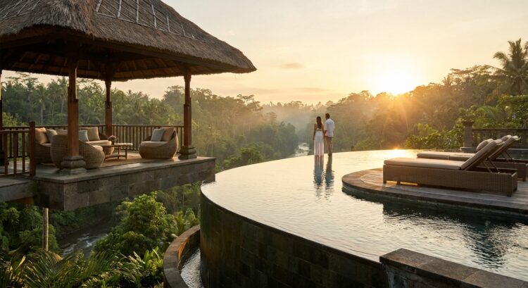 Couple au bord d'une piscine à débordement, vue sur la jungle et coucher de soleil, ambiance paisible.