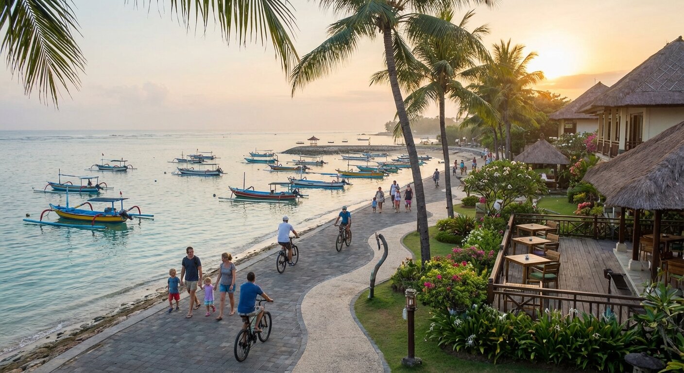 Front de mer de Sanur avec bateaux jukung colores