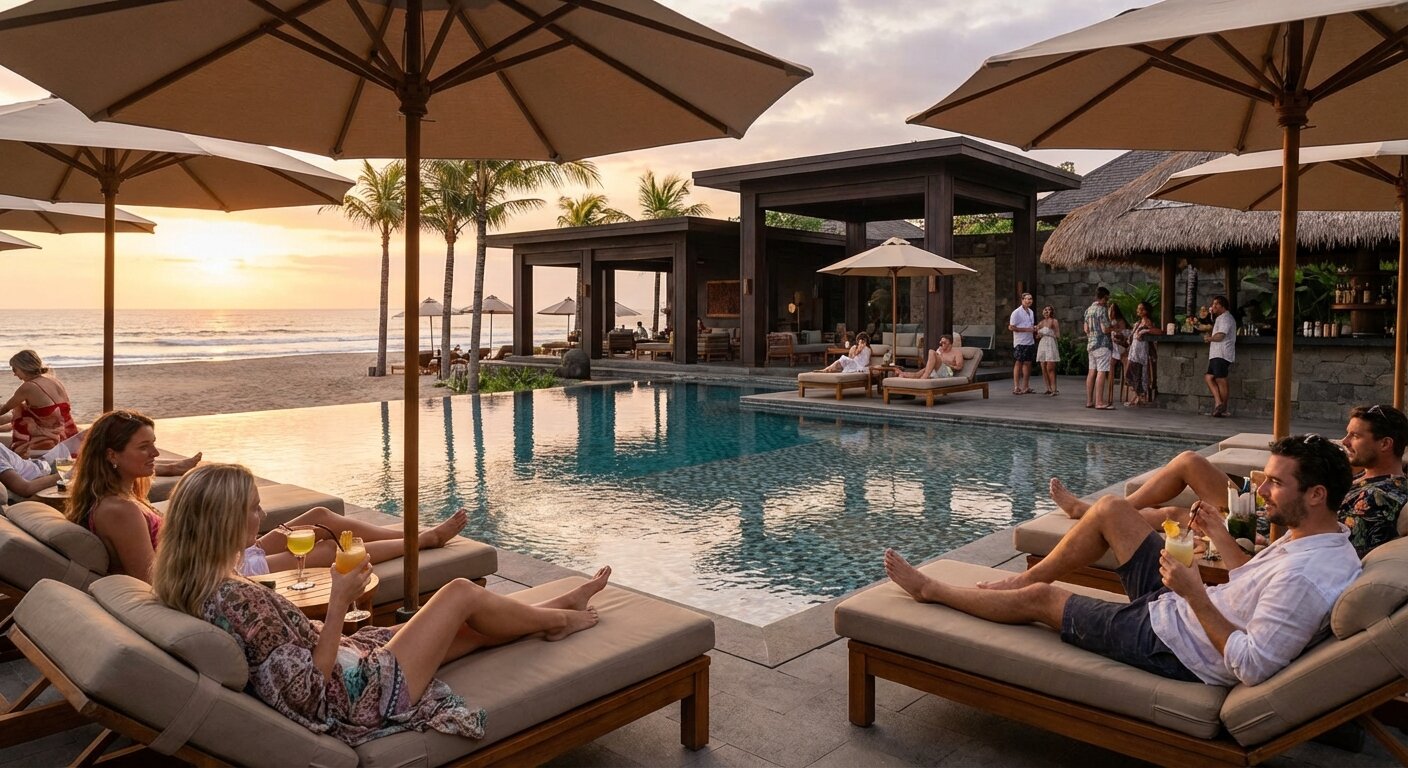 Beach club a Seminyak Bali au coucher du soleil