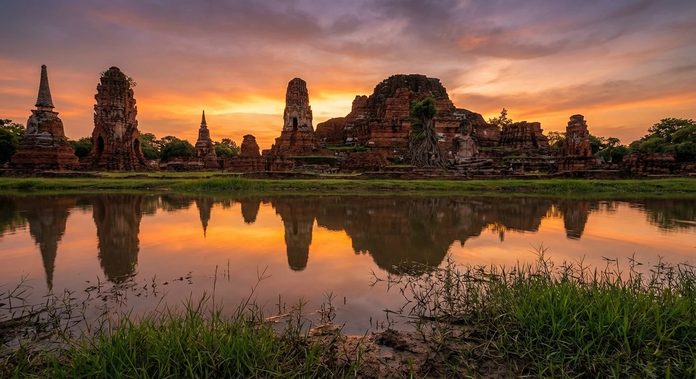 Ruines des temples d Ayutthaya au coucher du soleil