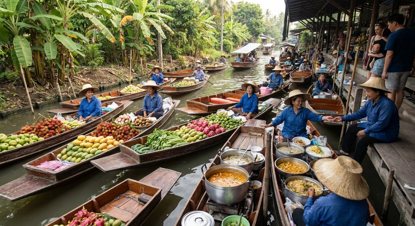 Vendeuses sur bateaux au marche flottant pres de Bangkok