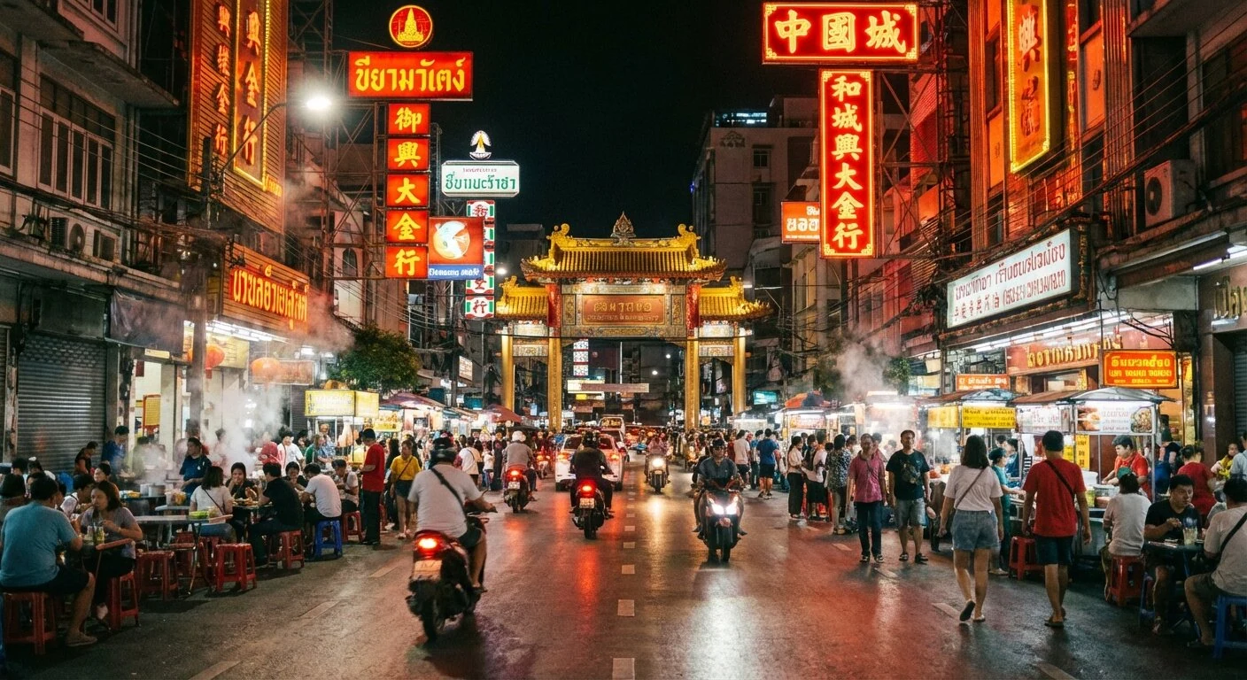 Yaowarat Road dans le quartier chinois de Bangkok illuminée de néons la nuit avec des stands de street food bordant les trottoirs