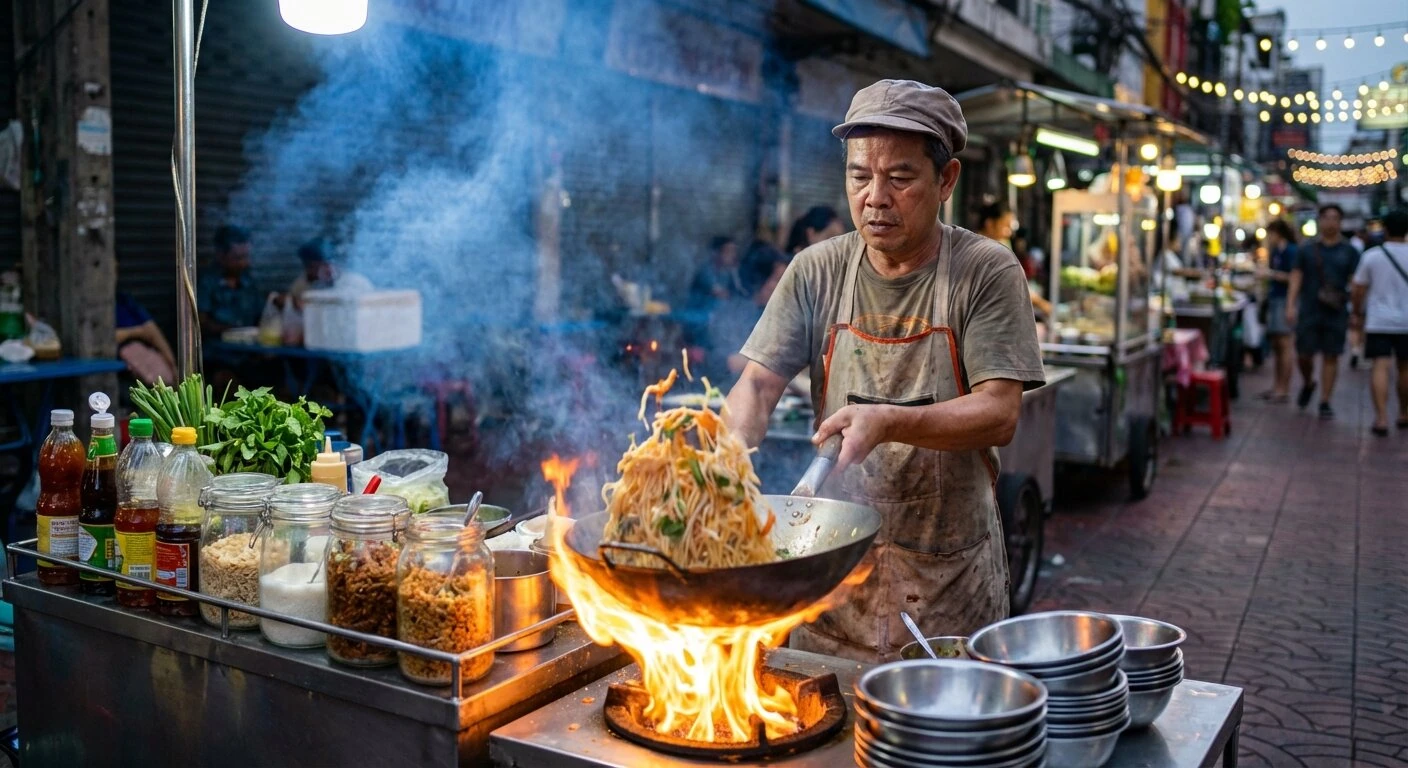 Cuisine de rue thaïlandaise préparée dans un grand wok sur de hautes flammes avec un chef en action