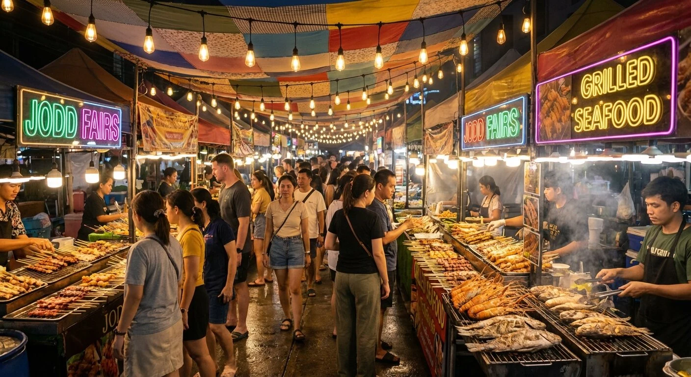Marché de nuit Jodd Fairs à Bangkok avec des stands colorés et des foules mangeant sous des guirlandes lumineuses