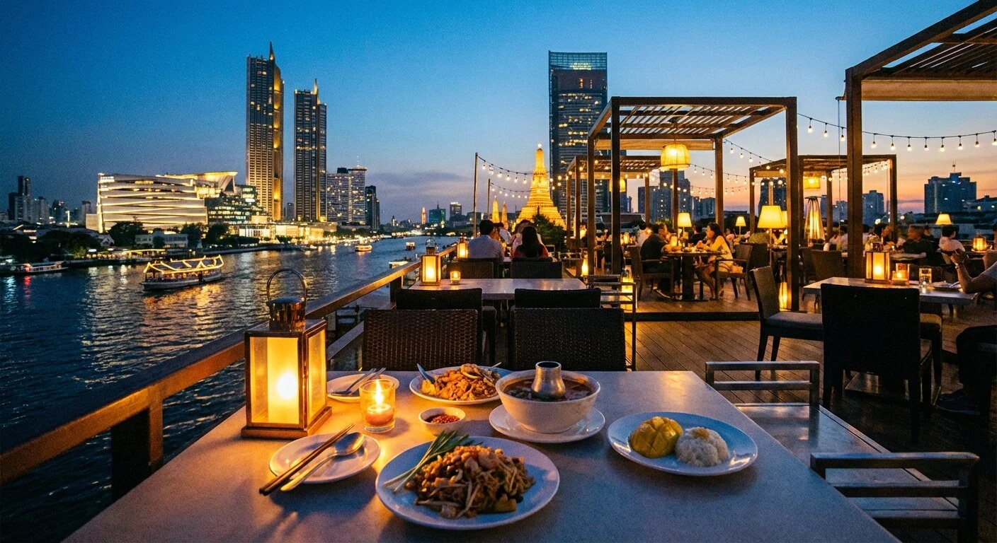 Terrasse d'un restaurant en rooftop à Bangkok au coucher du soleil avec vue sur la skyline et tables élégamment dressées