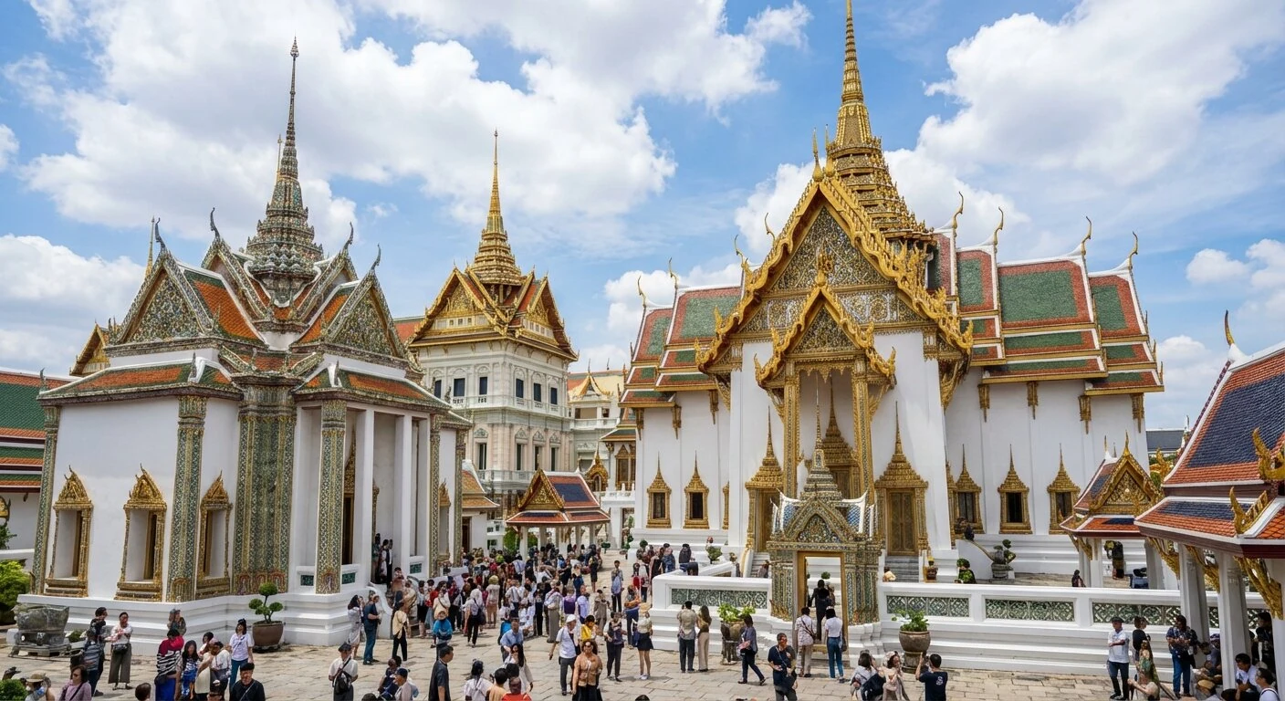 Le Grand Palace de Bangkok avec ses flèches dorées ornées et son architecture détaillée