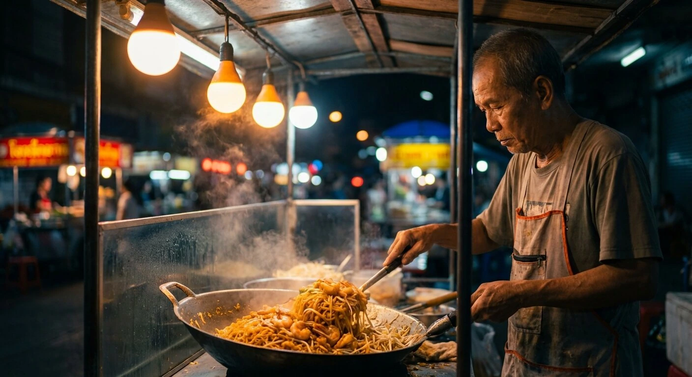 Un vendeur de street food à Bangkok grillant des brochettes de viande sur du charbon avec des plats de nouilles en vitrine