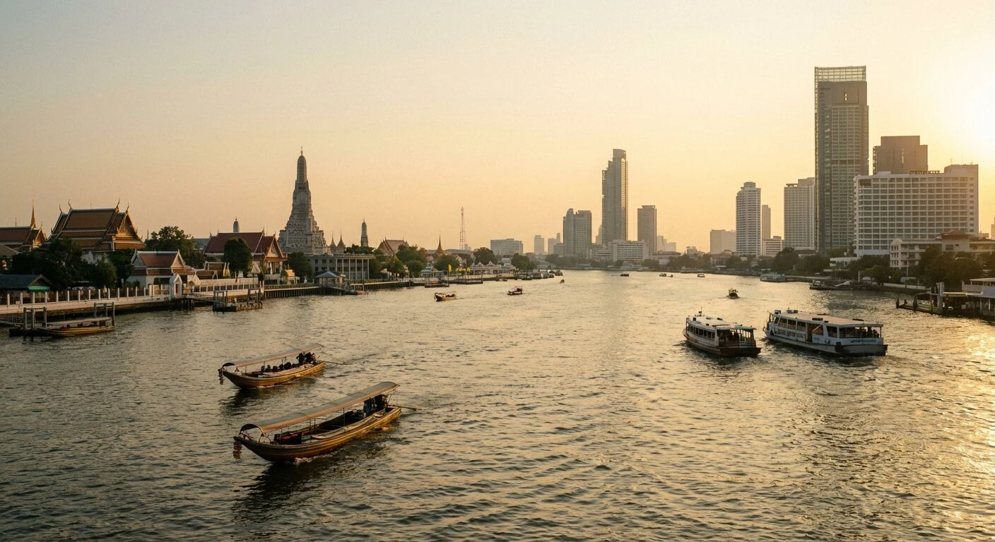 Un longtail boat sur le Chao Phraya avec les temples et bâtiments de Bangkok le long des berges