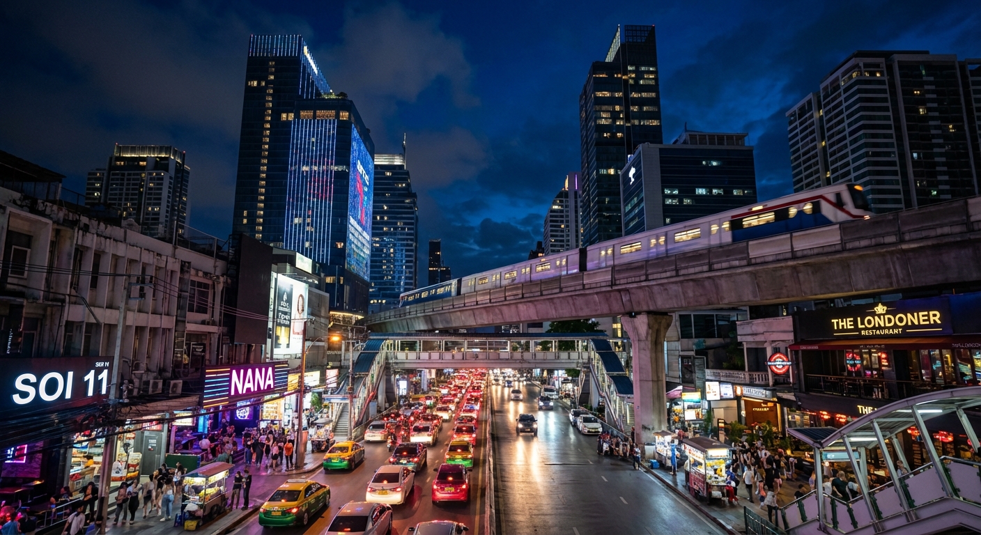 Skyline de Sukhumvit a Bangkok la nuit avec le BTS