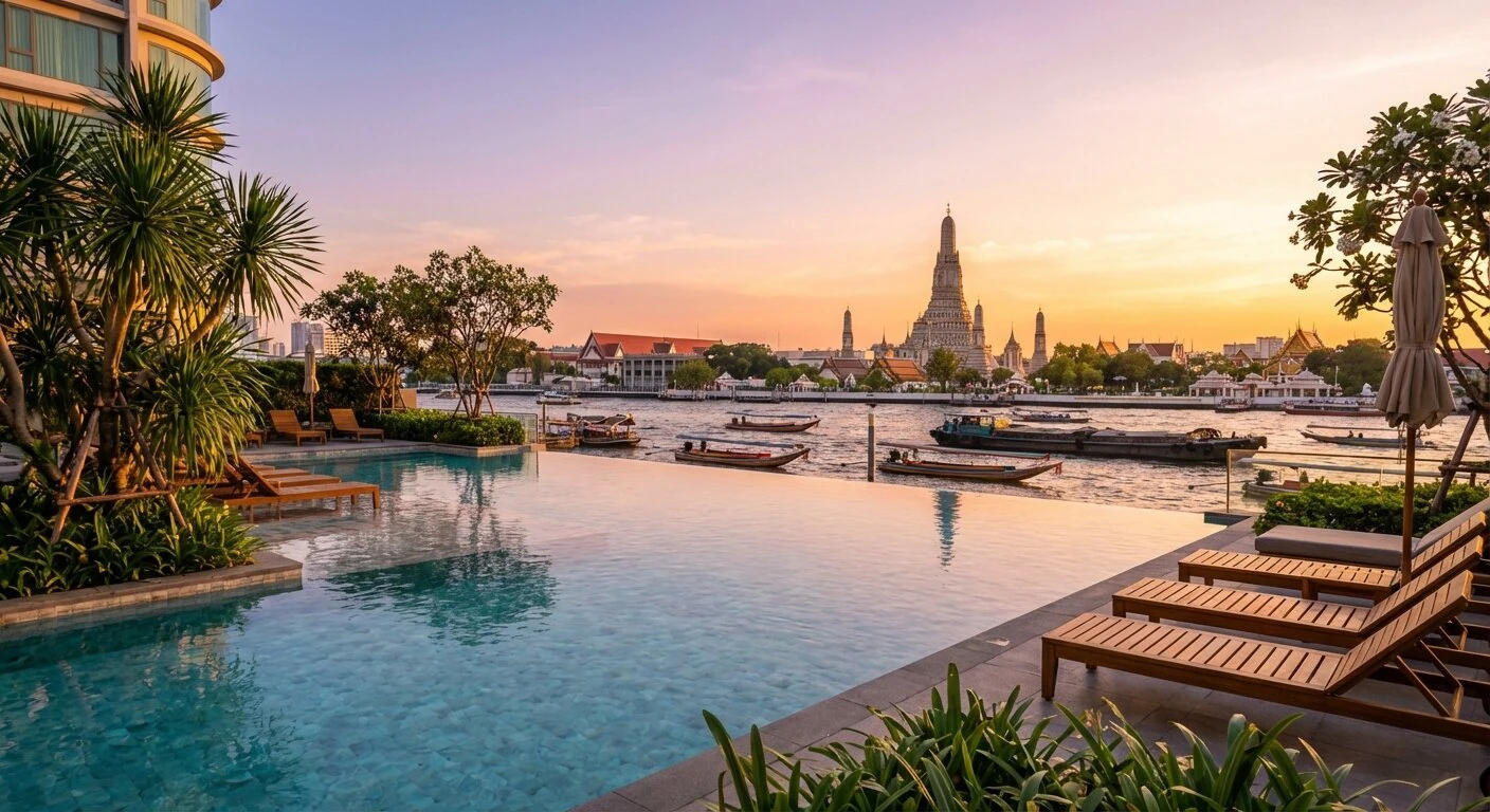 Piscine a debordement d un hotel de luxe avec vue sur le Chao Phraya