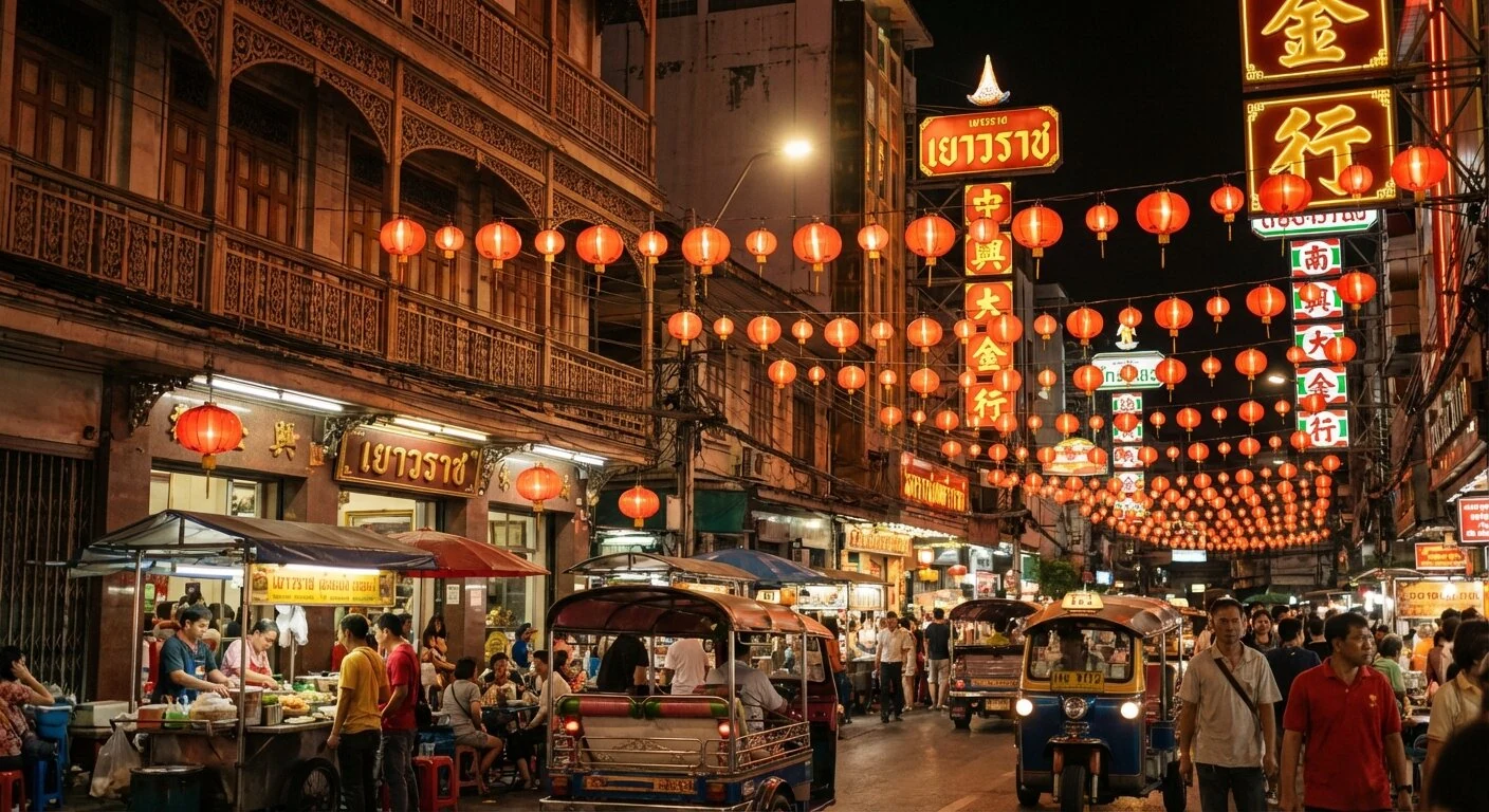 Yaowarat Road Chinatown de Bangkok avec lanternes rouges
