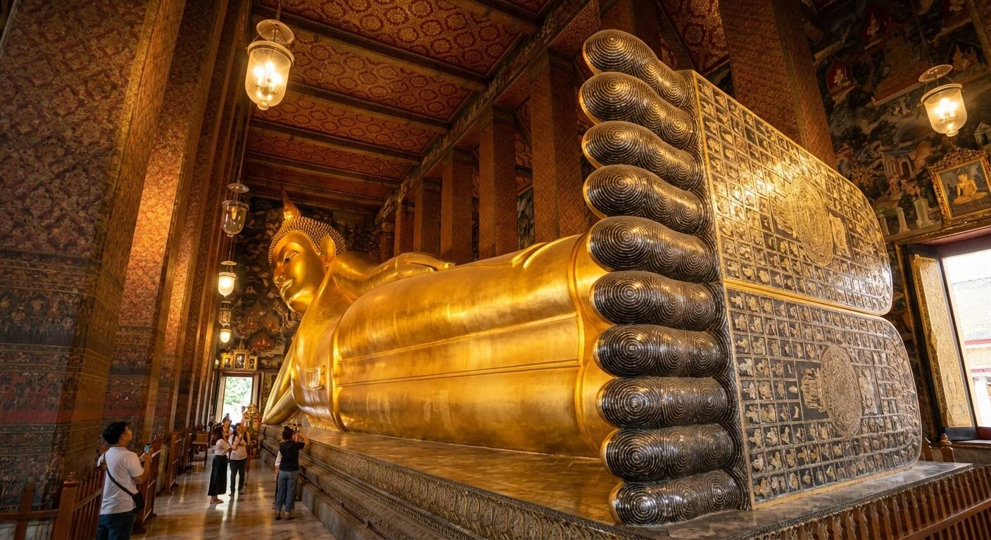 La statue du Bouddha couché de 46 mètres recouverte de feuilles d'or au temple Wat Pho à Bangkok