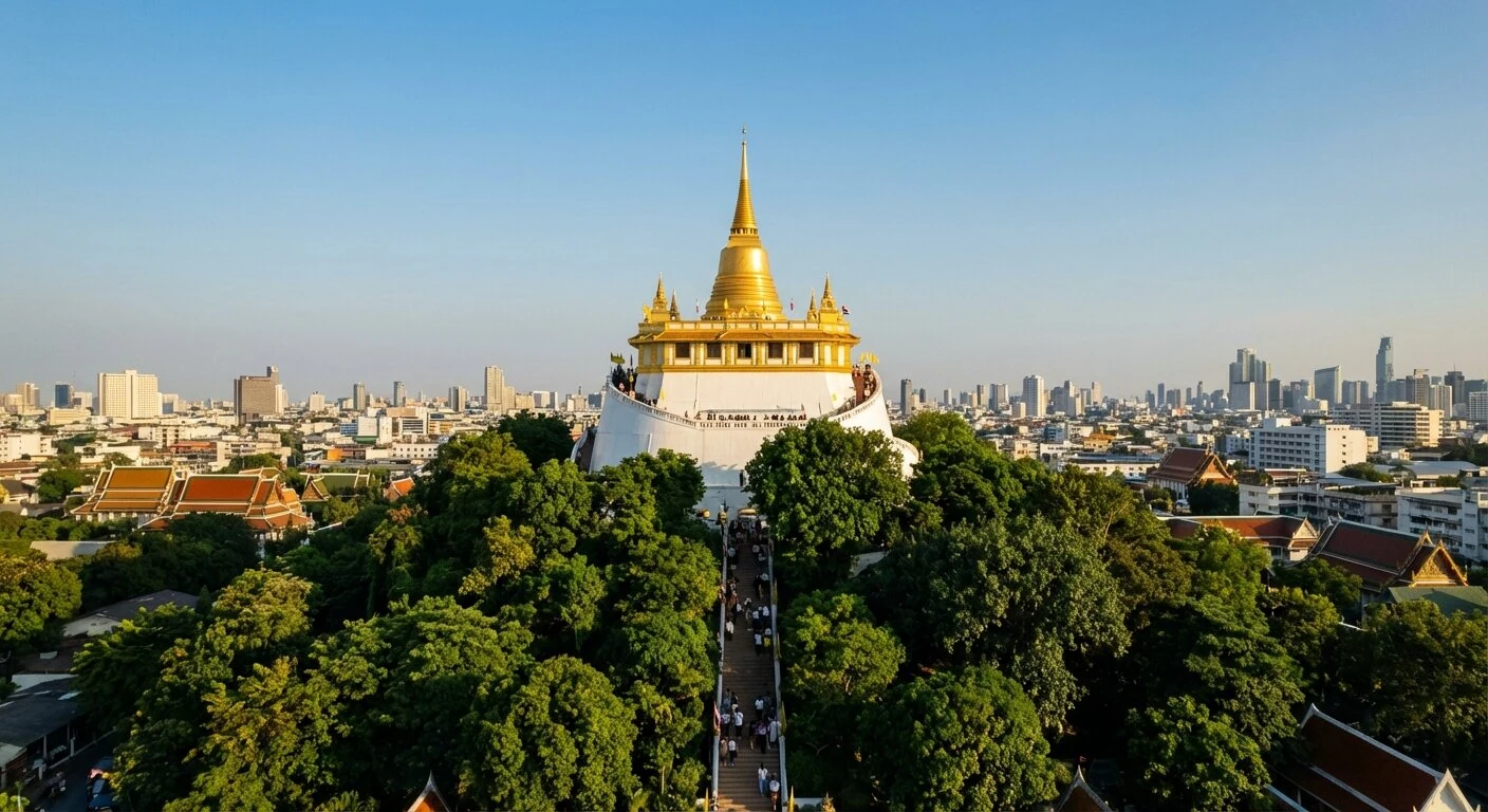 Le chedi doré de Wat Saket au sommet du Golden Mount avec vue panoramique sur Bangkok