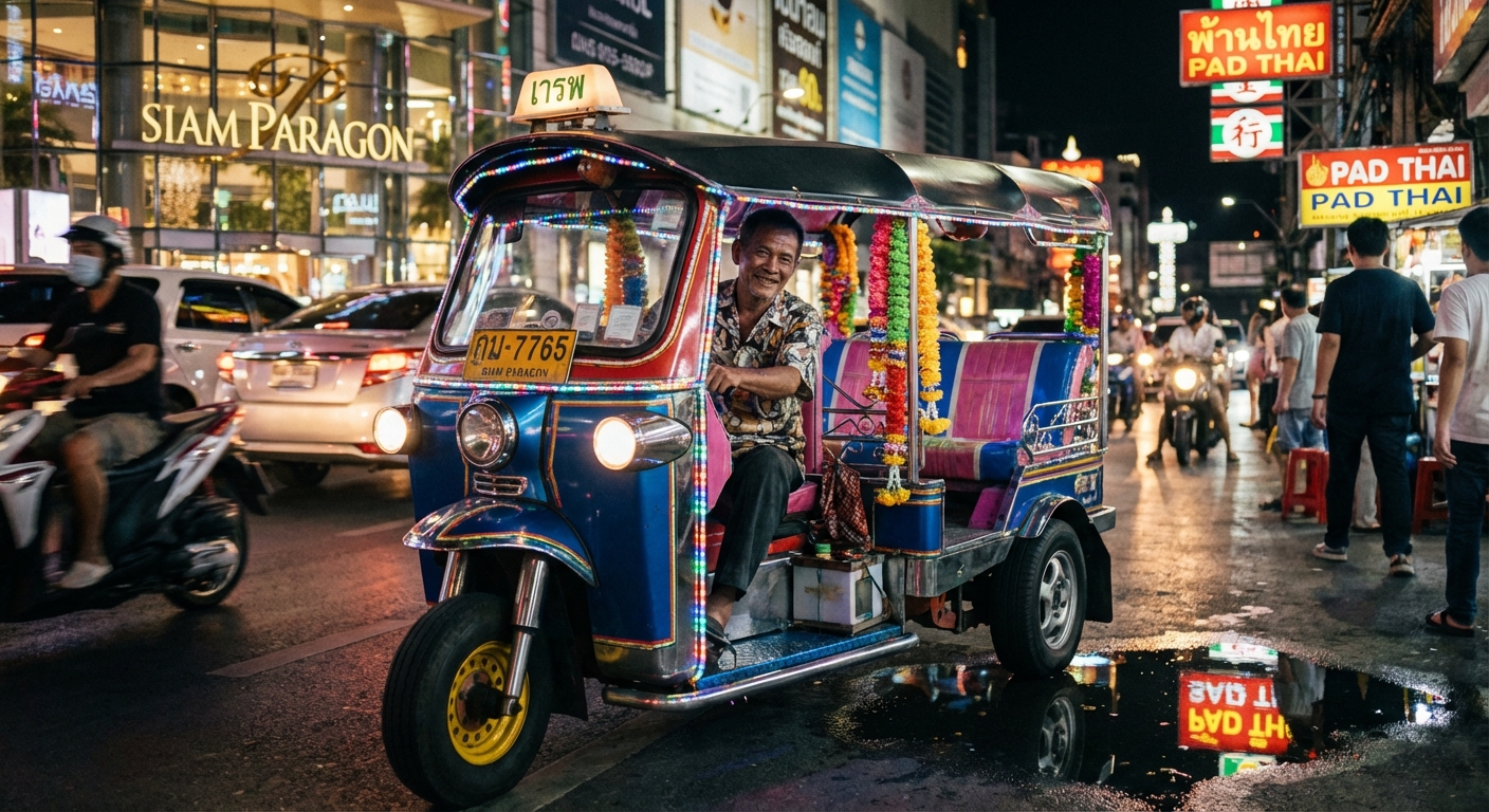 Tuk-tuk coloré garé dans une rue de Bangkok