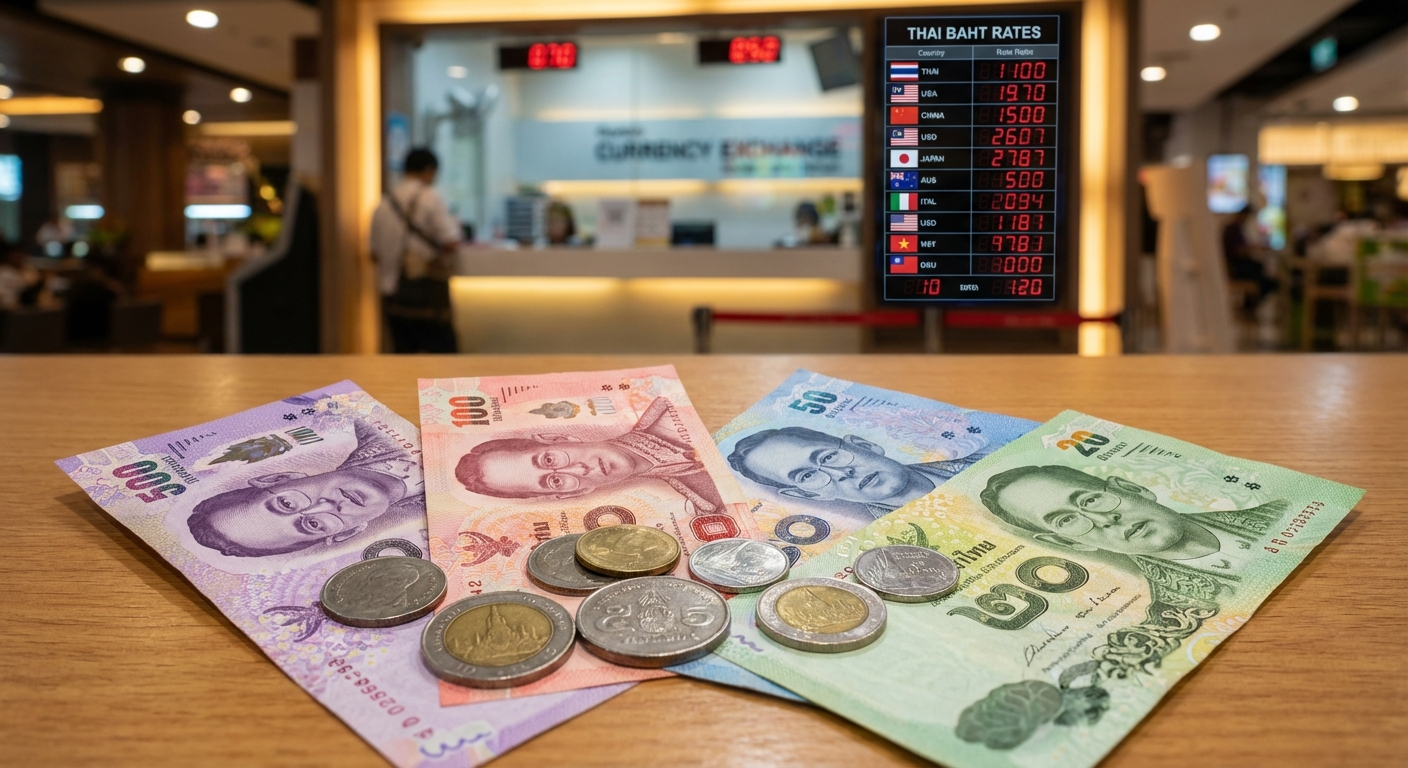 Billets et pièces en bahts thaïlandais sur une table