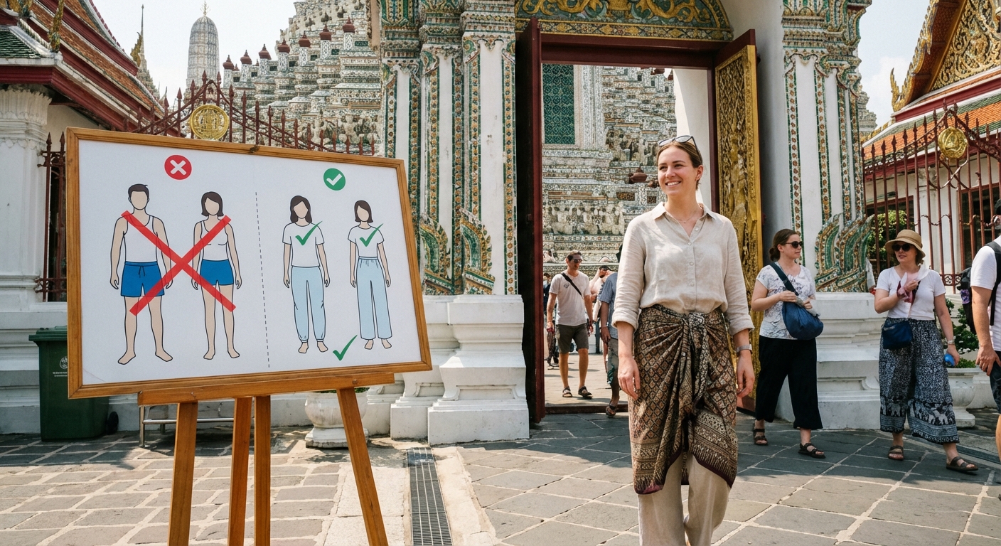Voyageurs portant des vêtements appropriés à l'entrée d'un temple à Bangkok
