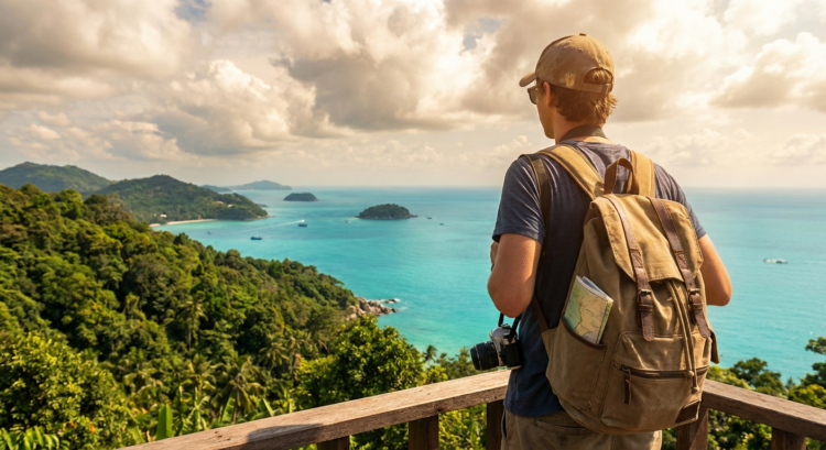 Voyageur avec sac à dos admirant la vue sur Phuket depuis un belvédère