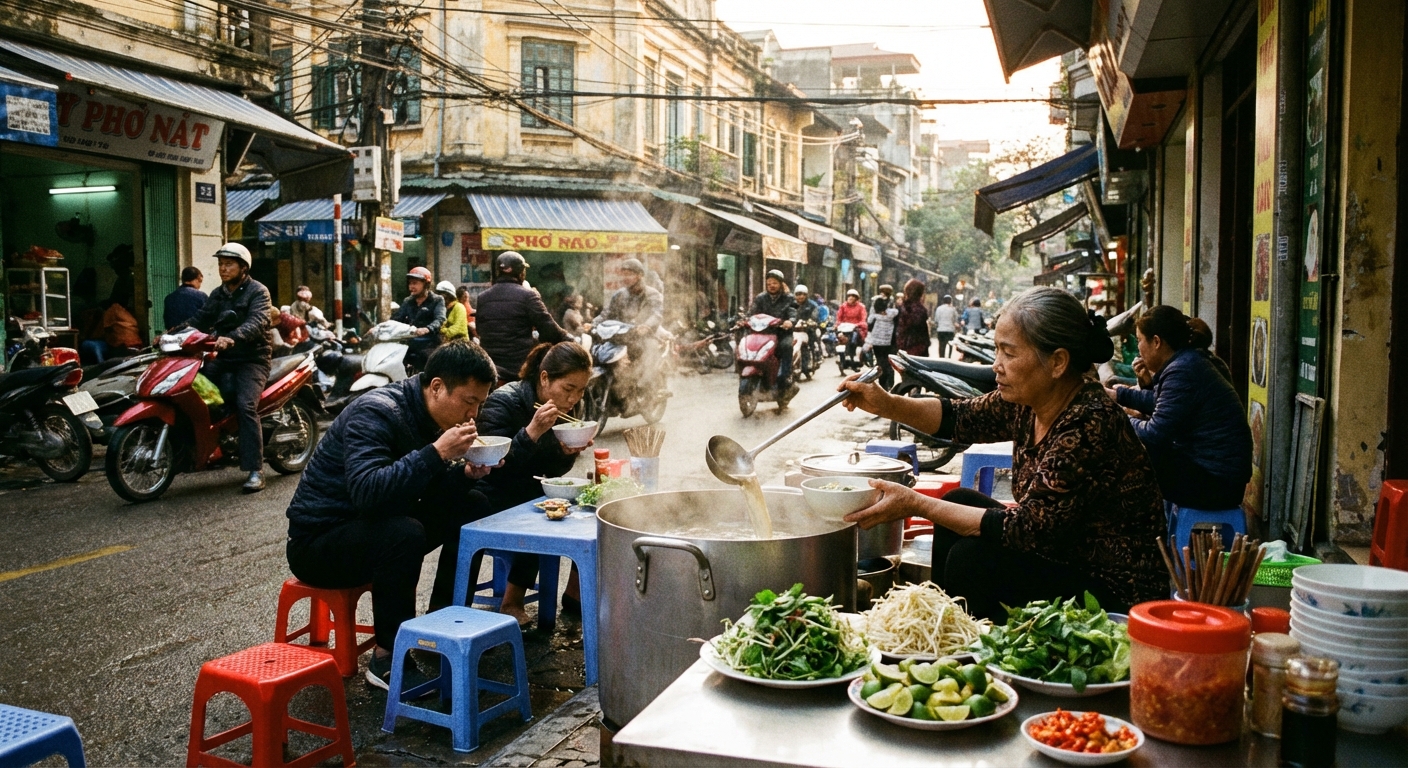 Pho bo traditionnel Hanoi - bouillon clair et herbes fraiches