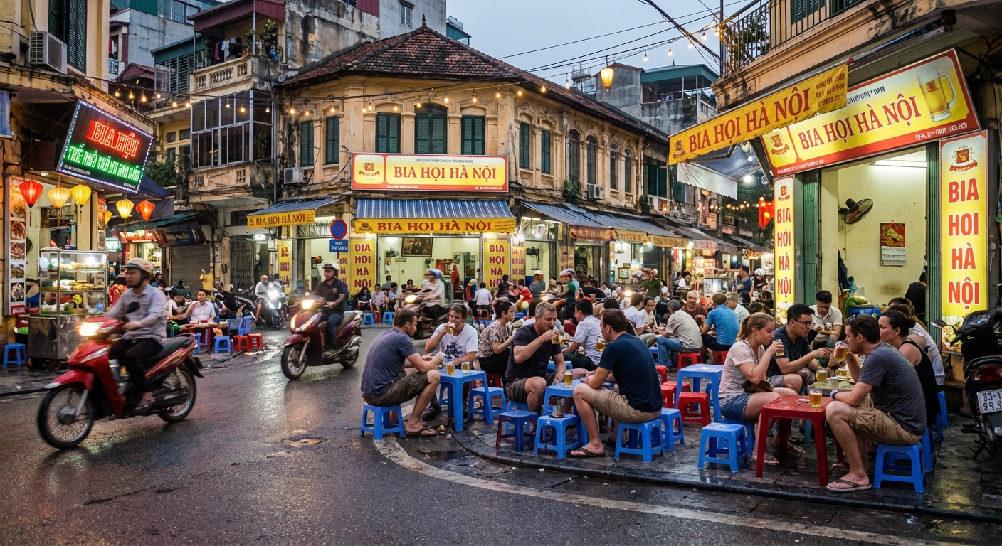 Street food Vieux Quartier Hanoi - stands et tabourets plastique