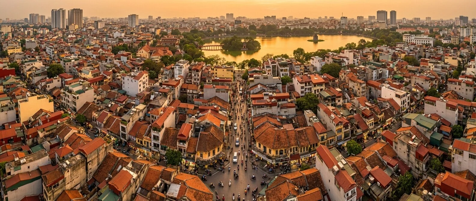 Vue panoramique du lac Hoan Kiem à Hanoi avec le temple Ngoc Son et le pont rouge Huc à l'aube
