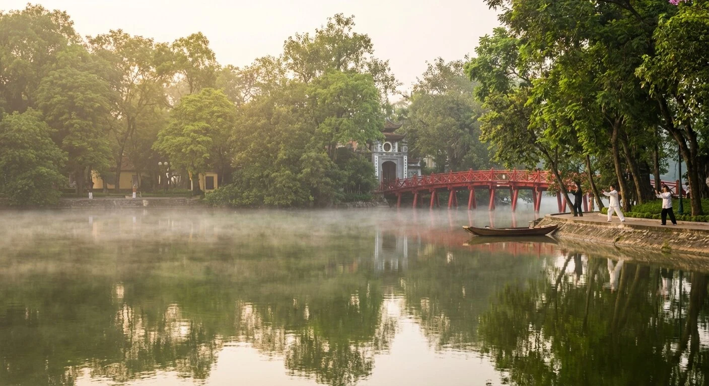 Rue étroite du Vieux Quartier de Hanoi avec motos, vendeurs et devantures colorées