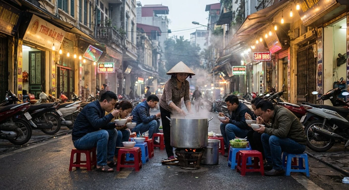 Une femme préparant du bún chả sur un petit gril à charbon sur un trottoir de Hanoi avec des tabourets en plastique autour d'elle