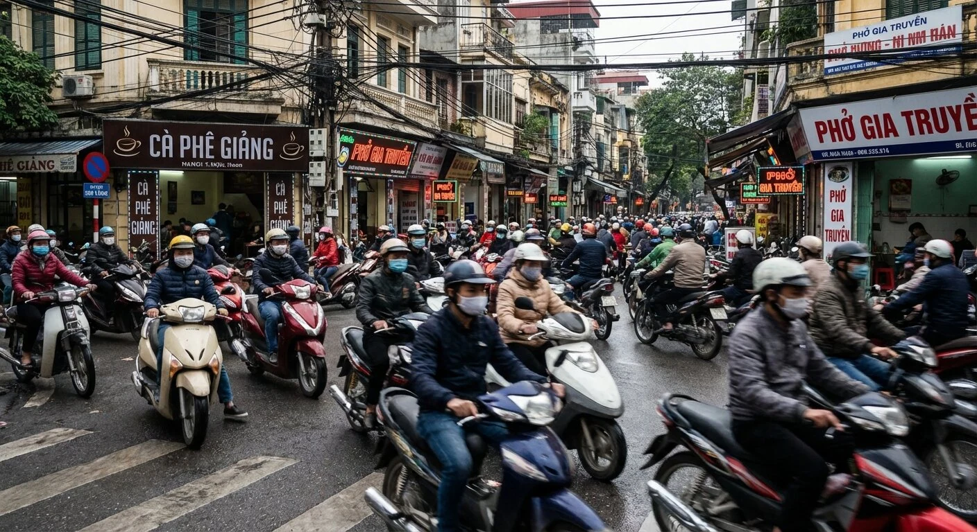 Un Grab moto se faufilant dans la circulation dense d'une rue de Hanoi aux heures de pointe