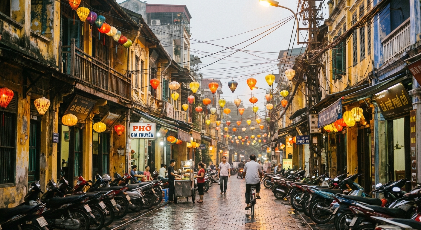 Rue étroite du vieux quartier de Hanoi avec vendeurs de rue et enseignes colorées