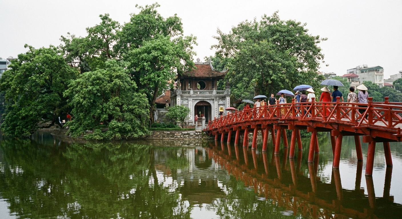 Le pont rouge The Huc et le temple Ngoc Son sur le lac Hoan Kiem à Hanoi au lever du soleil