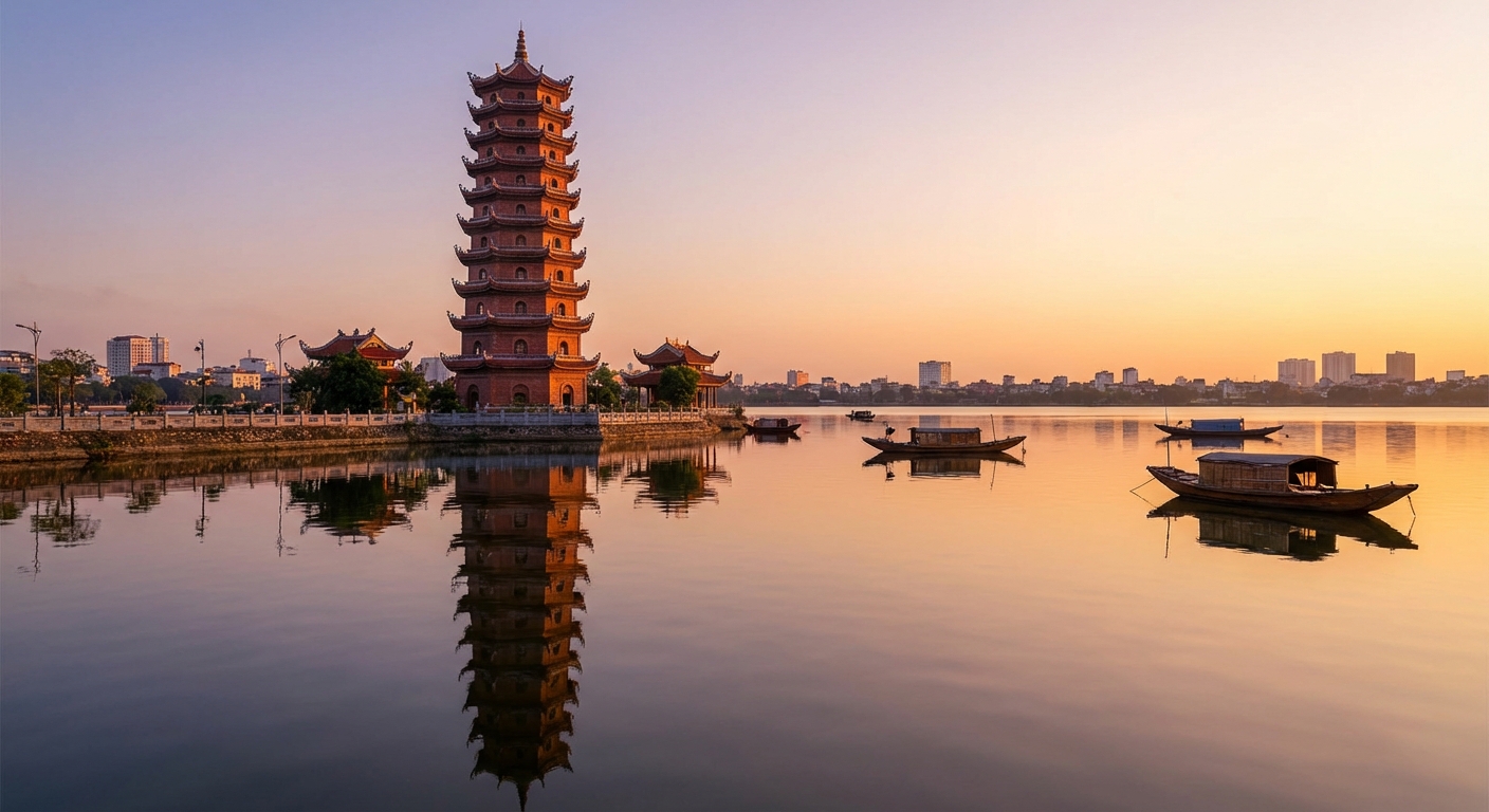 Le pont Long Bien à Hanoi au coucher du soleil avec vue sur le fleuve Rouge et les plantations en contrebas