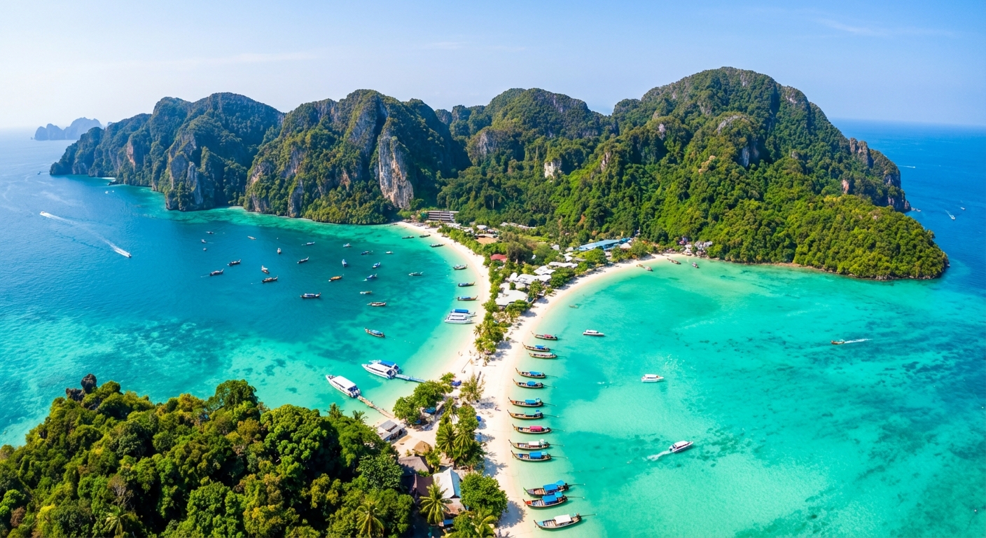 Vue aérienne des îles Phi Phi et leurs eaux turquoise
