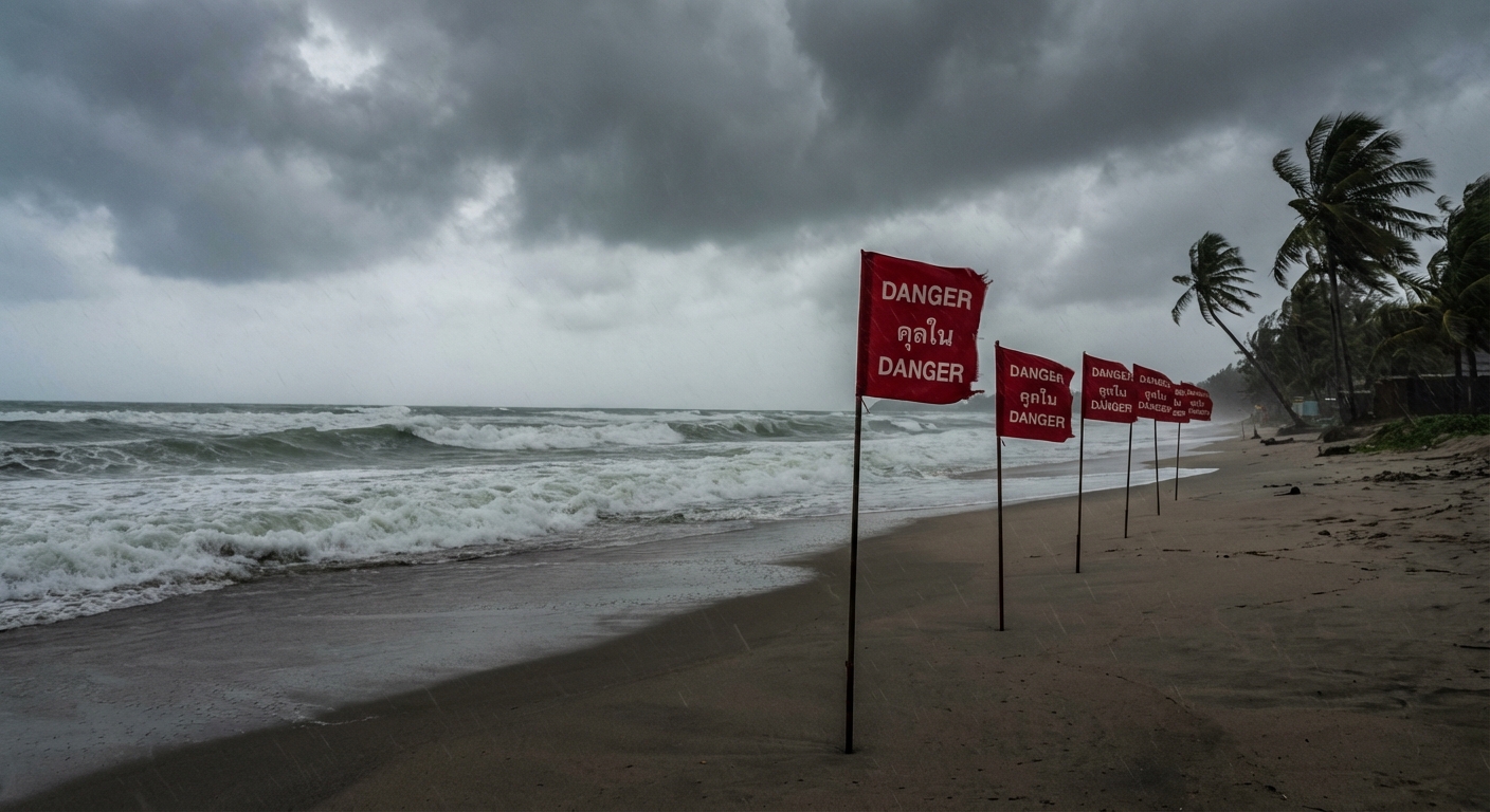 Drapeaux rouges d'avertissement sur une plage de Phuket pendant la mousson