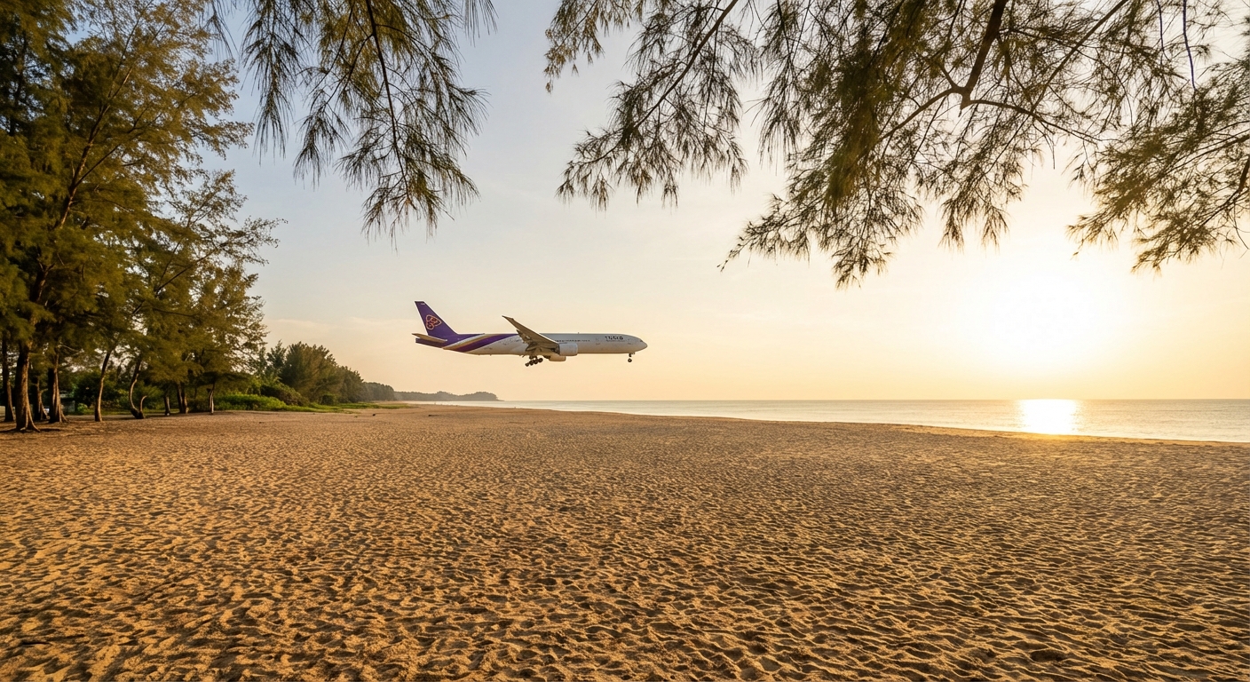 Mai Khao Beach, plage déserte avec avion en approche à Phuket
